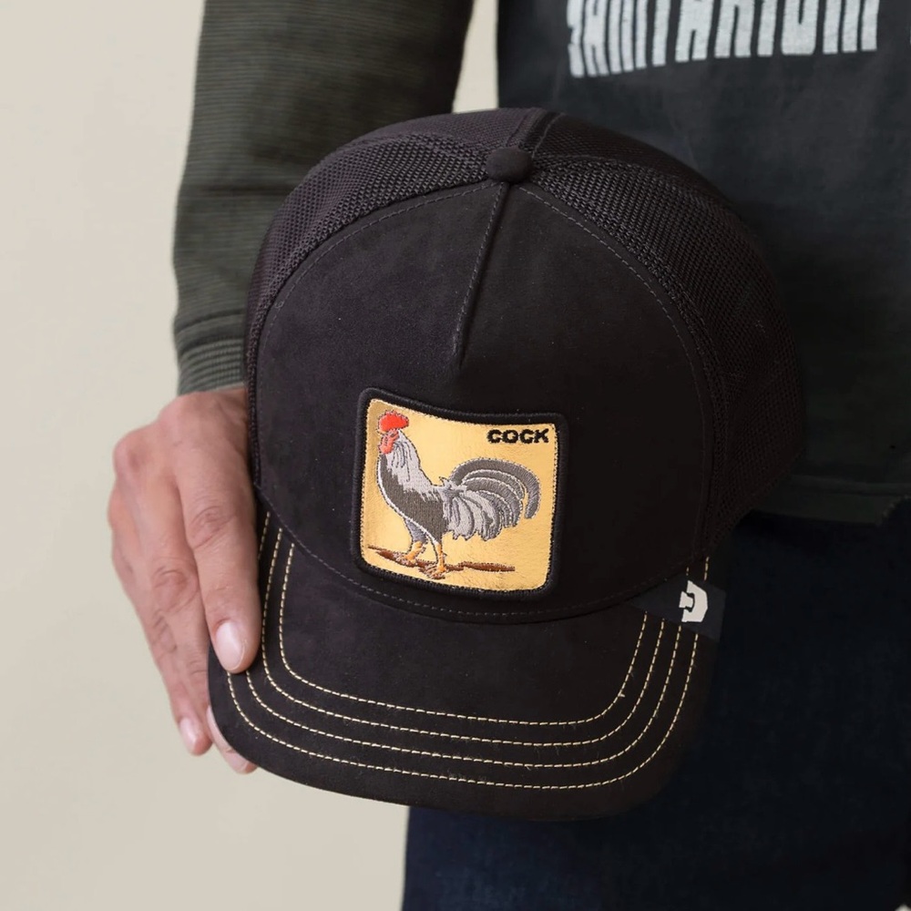 Goorin bros. Classic Black MICROSUEDE GOLDEN Rooster Patch Trucker Hat - Picture 10 of 10